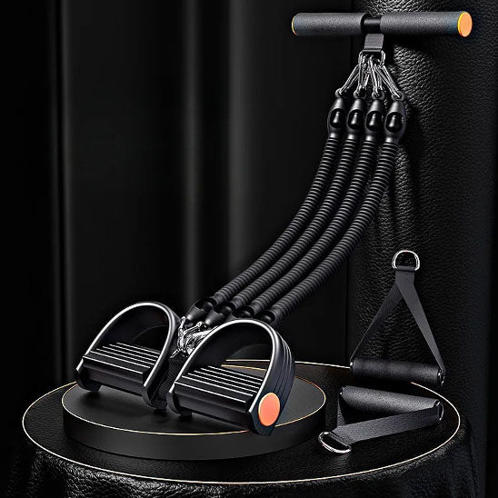 Élastique de musculation FitHome avec ressorts multiples, pédales antidérapantes et poignées ergonomiques sur fond noir