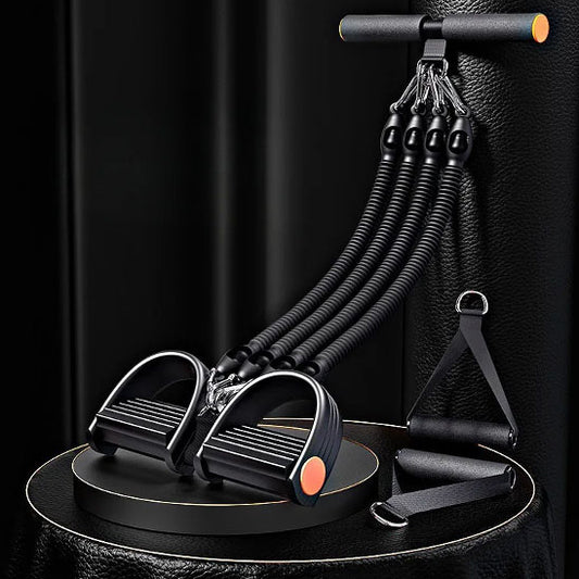 Élastique de musculation FitHome avec ressorts multiples, pédales antidérapantes et poignées ergonomiques sur fond noir
