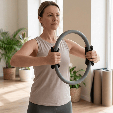 Gif-une-Femme-utilisant-un anneau-Pilates-pour-renforcement-musculaire-et entraînement-fitness-a-domicile
