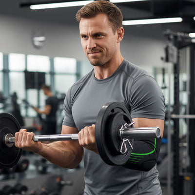 Manchon de compression coude avec bandes vertes pour soutien articulaire pendant la musculation