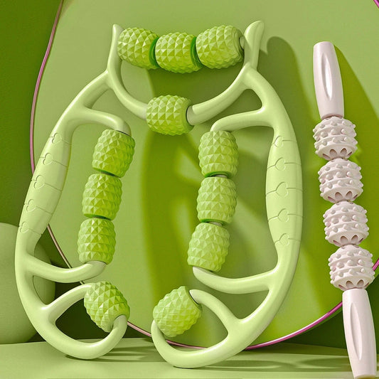 Masseur pince de jambe circulaire 12 roues vert avec un rouleau de massage blanc - La cabane fitness