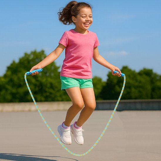 Enfant sautant a la corde sur terrain  extérieur avec une  corde a sauter légère enfant