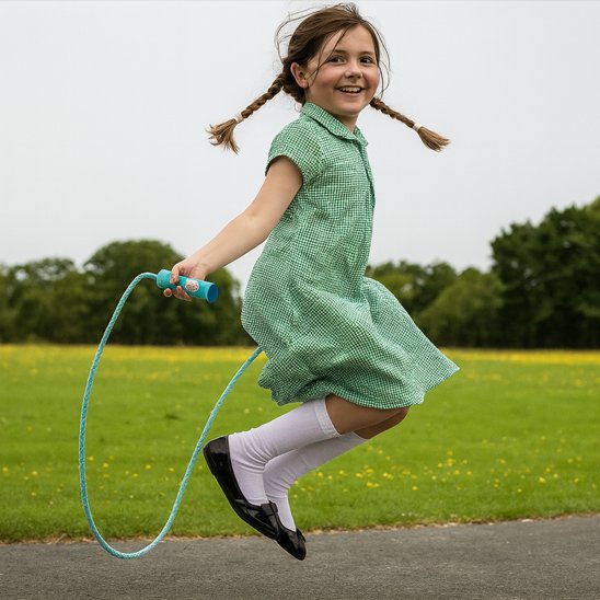 Fille avec une robe verte faisant de la corde a sauter en extérieur avec corde a sauter pour enfants