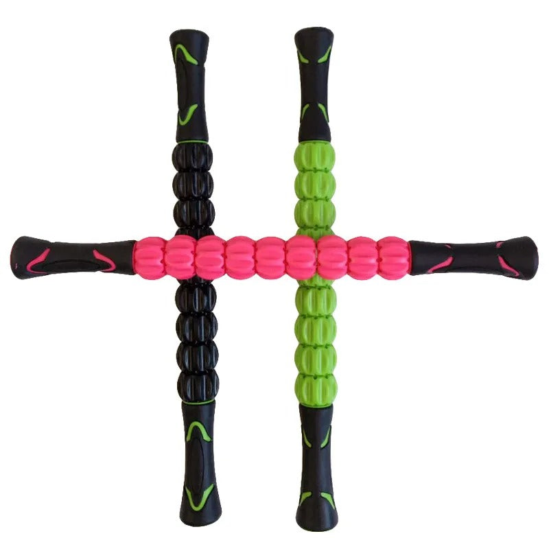 Trois rouleaux de massage neuf roulettes avec poignées ergonomiques vert ,noir, rose 